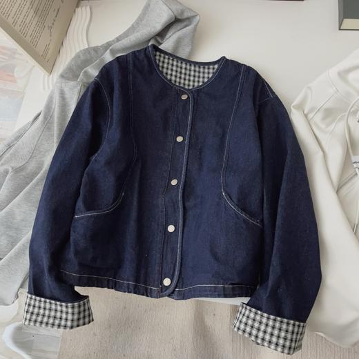 2026年新款韩版宽松外套！显瘦百搭圆领拼接格子牛仔外套女文艺复古上衣！ 商品图0