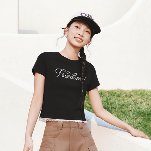 森马短袖T恤女夏季短款蕾丝假两件烫珠字母修身2026新款气质衣服 商品图2