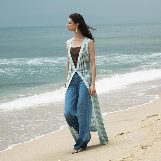 [赵昭仪同款]SELFWHO针织开衫连衣裙女夏季条纹镂空海边度假长裙 商品图2