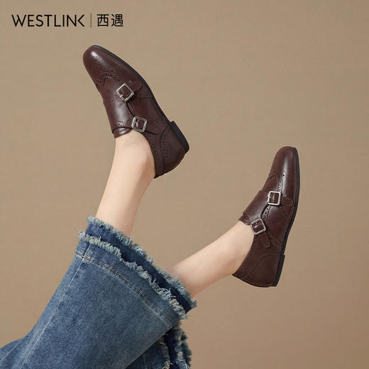 【限时秒杀】西遇复古英伦风乐福鞋女2026春季新款布洛克雕花内增高平底小皮鞋V0166279 商品图2