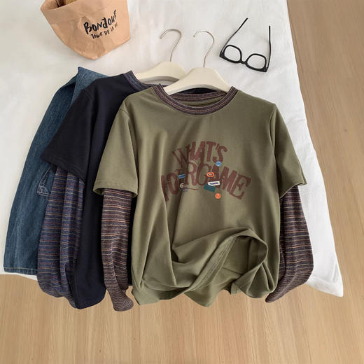 美式复古字母印花条纹长袖！2026假两件T恤女垂感软糯磨毛打底衫! 商品图3