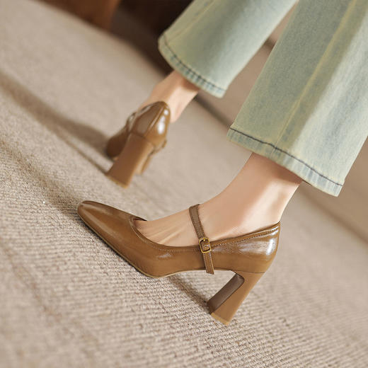 阿么手工女鞋真皮一字带高跟法式玛丽珍鞋官方正品时尚单鞋女8CM 商品图4