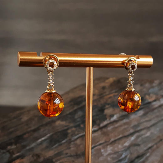 【天然正品】AU750黄金镶钻镶天然约10.5MM花珀琥珀耳坠280226NJT22 商品图2