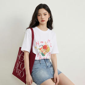 西遇白色短袖T恤女2026年春季新款休闲圆领半袖印花宽松上衣E0060174