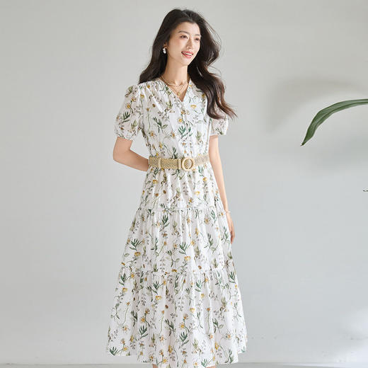 「高货sh」全新升级【铂金会员266/天猫359/差价93】(05358)洛诗琳气质泡泡袖碎花连衣裙2026新款V领收腰中长A字裙女 商品图4