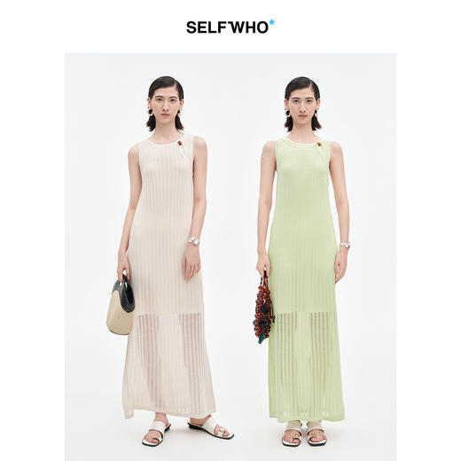 SELFWHO羊毛混纺镂空条纹连衣裙女2025夏新款中式扭结斜襟毛织裙 商品图1