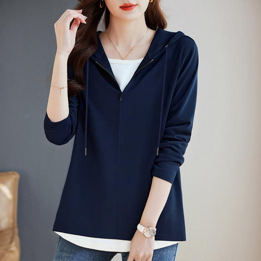 大码假两件连帽长袖上衣女春季新款休闲显瘦女士帽衫撞色宽松T恤 商品图1