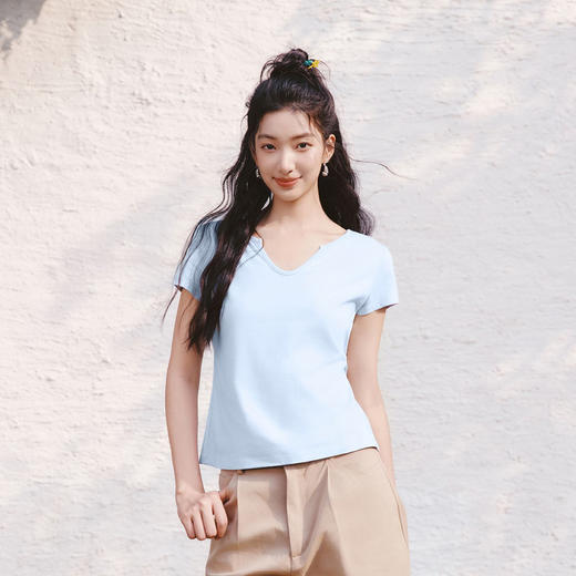 森马短袖T恤女夏季短款修身棉麻纯色正肩套头衫2026新款气质衣服 商品图2