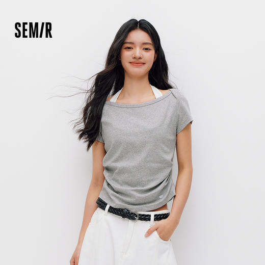 商场同款|森马短袖T恤女夏季短款修身一字领褶皱2026新款温柔衣服 商品图1