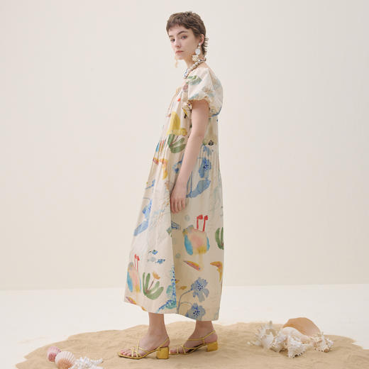 谜底方领连衣裙短袖2026夏新品海洋印花艺术浪漫文艺女262ML0467 商品图1