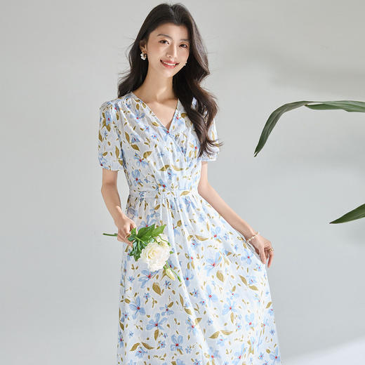 「高货sh」全新升级【铂金会员284/天猫379/差价95】(05850)洛诗琳气质郁金香印花连衣裙2026新款显瘦泡泡袖收腰裙 商品图2