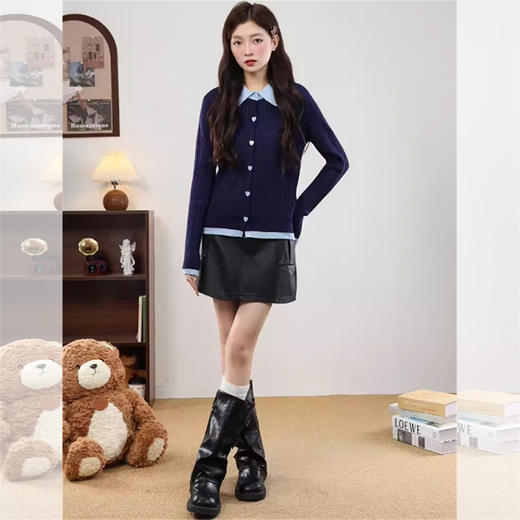 西遇拼接假两件针织外套女2026春季新款翻领麻花爱心纽扣毛衣开衫SS060074 商品图4