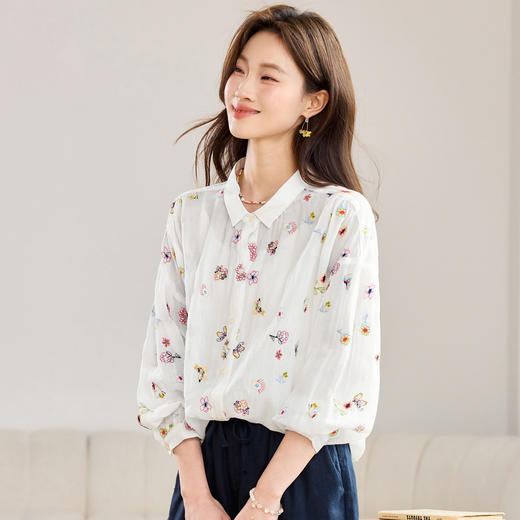 百媚生 纯苎麻刺绣长袖衬衫复古上衣BKDYL2603 商品图3