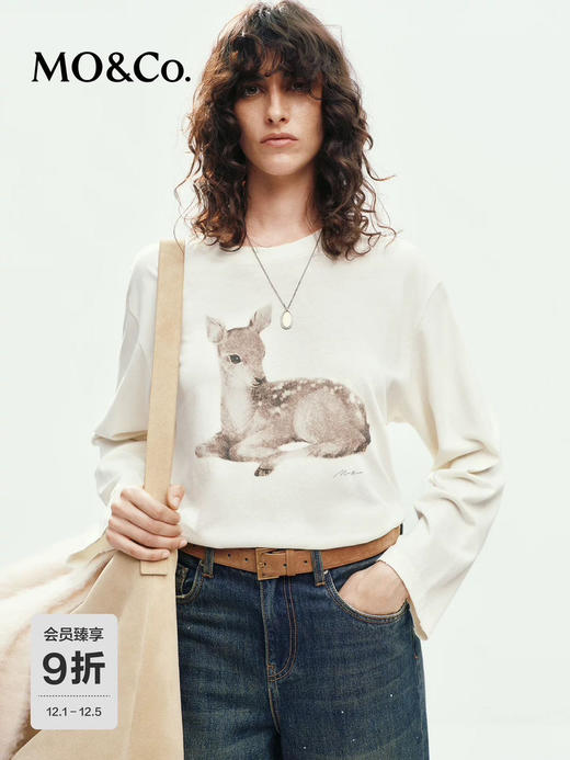 【秒杀价已调 直接拍】MC 小鹿手绘 印花 磨边长袖 T恤 商品图1