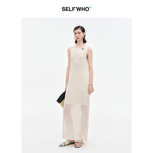 SELFWHO羊毛混纺镂空条纹连衣裙女2025夏新款中式扭结斜襟毛织裙 商品图2
