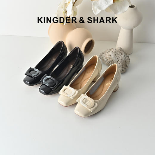 经典鲨2026年春季专柜新品牛皮革时尚方头中粗跟浅口单鞋女KW333-617021 商品图0