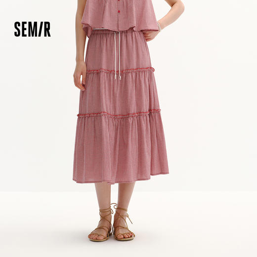 商场同款|森马半身裙女夏木耳边格子肌理长裙2026新款甜美蛋糕裙 商品图1