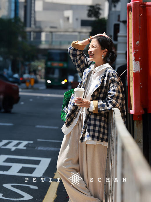 Petit Schan小闪 CLO#1066 Inside cooperation 里应外合 色织纯亚麻格纹双排扣圆领外套 商品图4