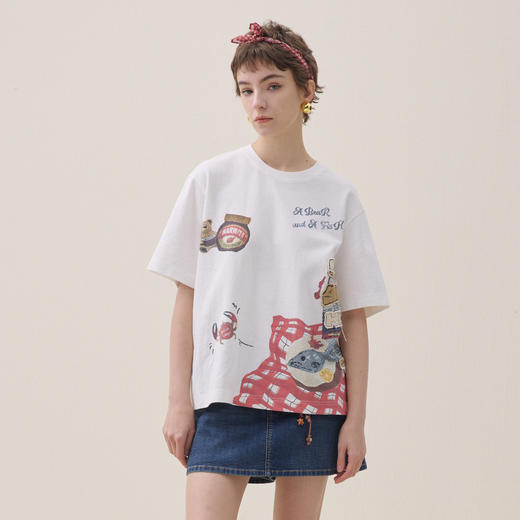 谜底印花T恤短袖2026夏新品趣味红格立体绣花复古活泼女262MT0605 商品图0