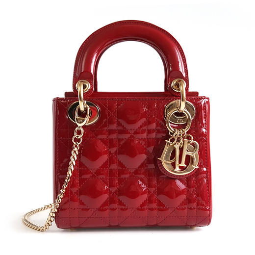 【95新】Dior迪奥迷你LADY DIOR手袋迷你红色漆皮三格戴妃链条包手提单肩包女士050326NJS15 商品图0