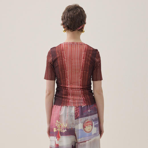 谜底复古红格打底衫T恤短袖2026年夏新品收褶弹力显瘦女262MT0601 商品图2