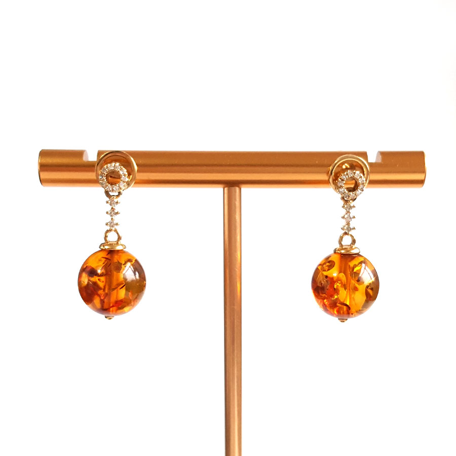 【天然正品】AU750黄金镶钻镶天然约10.5MM花珀琥珀耳坠280226NJT22