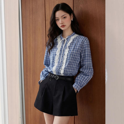 西遇法式灯笼袖蓝色格子衬衫女2026年春季新款设计感蕾丝拼接上衣E0060172 商品图2