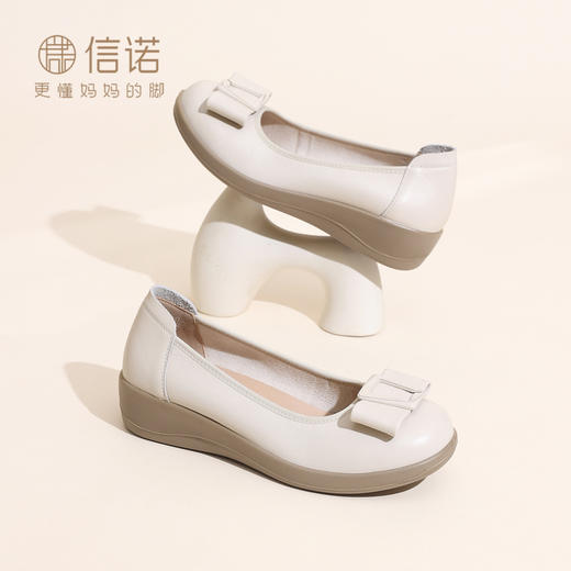 真皮蝴蝶结粗跟单鞋女通勤风软底舒适百搭妈妈鞋工作鞋6C9317-25 商品图1