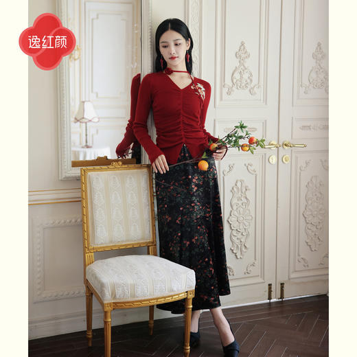 逸红颜《兰芍》2026早春款人间朱砂玫瑰碎花丝绒松紧腰鱼尾半裙女 商品图1