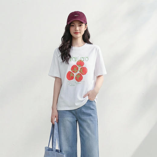 西遇白色短袖T恤女2026年春季新款圆领番茄印花韩系少女宽松上衣E0060173 商品图3