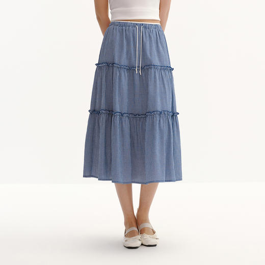 商场同款|森马半身裙女夏木耳边格子肌理长裙2026新款甜美蛋糕裙 商品图2