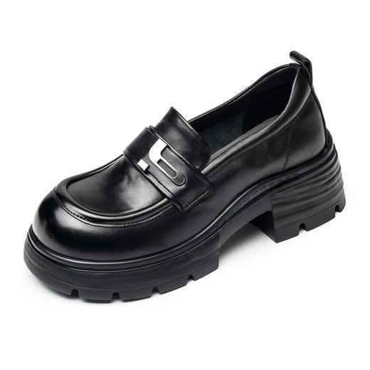 英伦风真皮乐福鞋女厚底一脚蹬百搭皮鞋黑色单鞋X6C161-12 商品图3