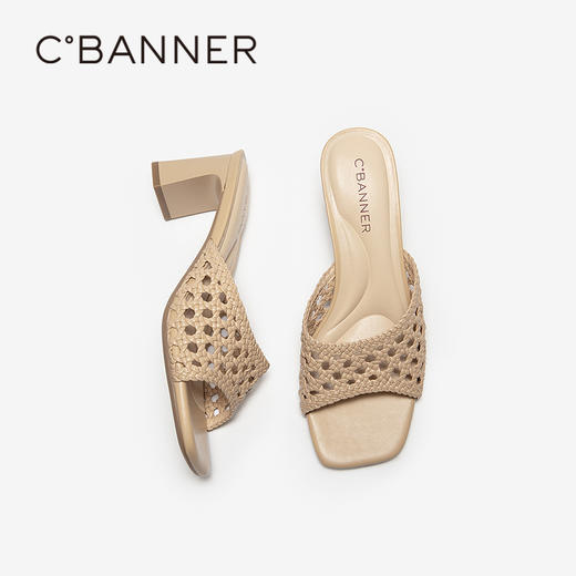 千百度镂空编织一字拖女2026夏季新款粗高跟露趾一脚蹬外穿凉拖鞋A26360813 商品图4