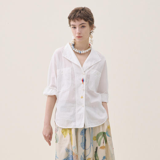 谜底白衬衣中袖2026年夏季新品翻领刺绣清新通勤衬衫女262MC0607 商品图0
