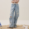 谜底阔腿牛仔裤长裤2026夏季新品天丝棉烫钻破洞浅蓝女262MJ0453 商品缩略图0