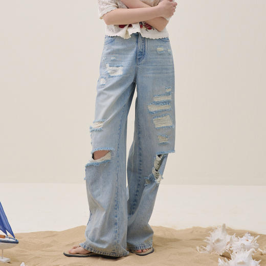 谜底阔腿牛仔裤长裤2026夏季新品天丝棉烫钻破洞浅蓝女262MJ0453 商品图0