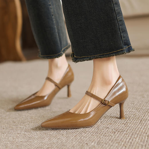 阿么手工女鞋法式气质一字带细跟高跟鞋尖头漆皮浅口单鞋女6.5CM 商品图2