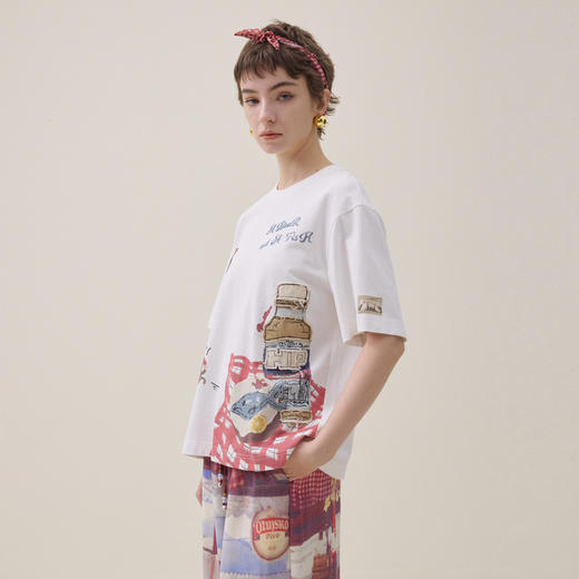 谜底印花T恤短袖2026夏新品趣味红格立体绣花复古活泼女262MT0605 商品图1