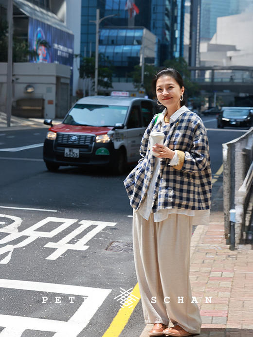 Petit Schan小闪 CLO#1066 Inside cooperation 里应外合 色织纯亚麻格纹双排扣圆领外套 商品图5