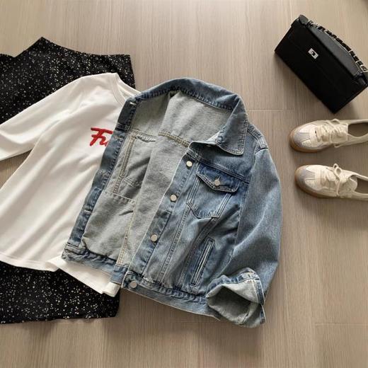 重工复古水洗蓝色翻领牛仔短外套女时髦百搭春秋款翻盖夹克开衫 商品图4