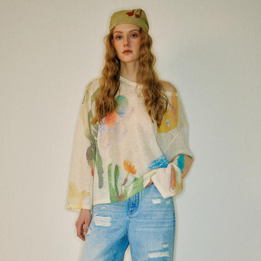 谜底针织衫长袖2026夏季新品一字肩干爽舒适印花罩衫女262MZ0751 商品图0