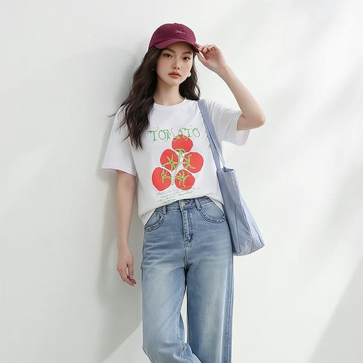 西遇白色短袖T恤女2026年春季新款圆领番茄印花韩系少女宽松上衣E0060173 商品图2