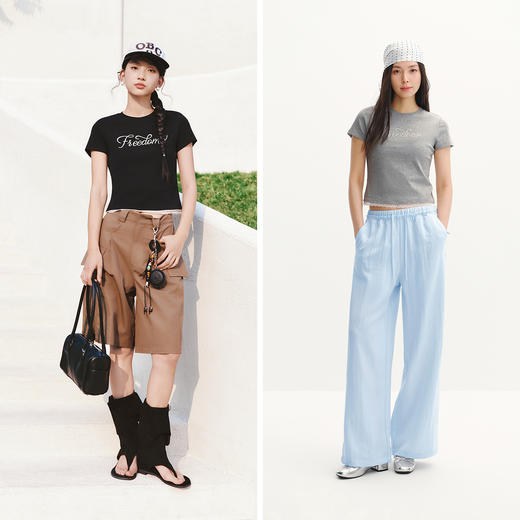 森马短袖T恤女夏季短款蕾丝假两件烫珠字母修身2026新款气质衣服 商品图4