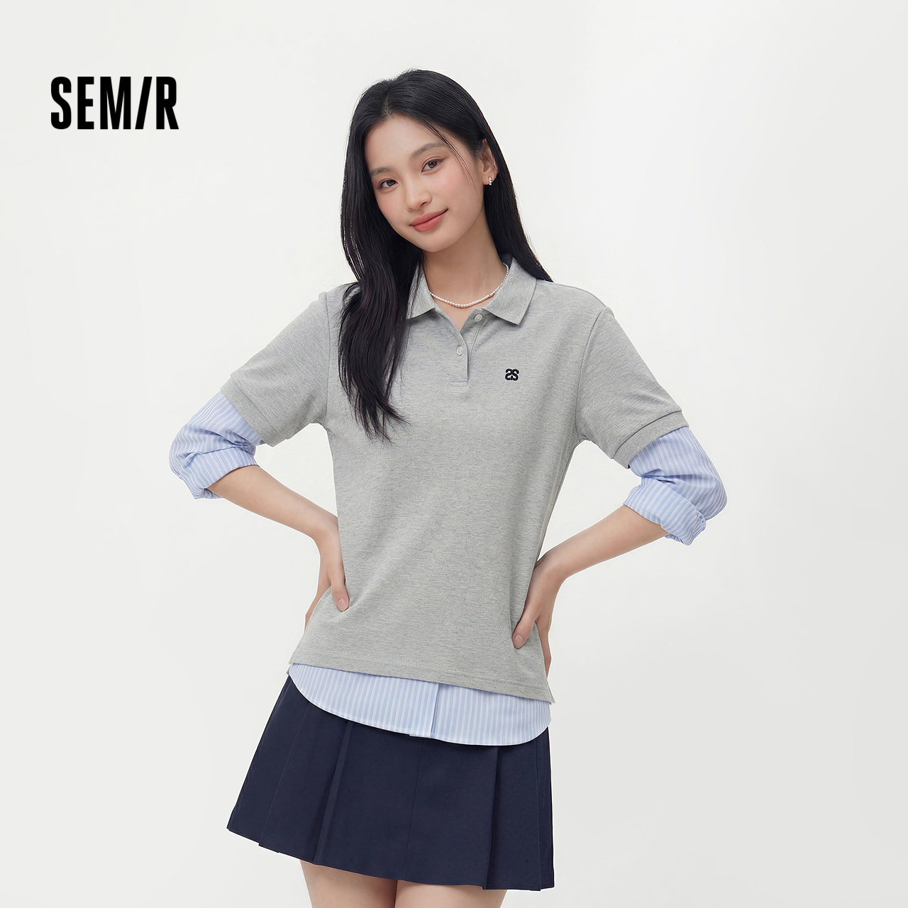 森马POLO衫女夏季字母刺绣宽松落肩质感简约休闲风潮流百搭套头衫