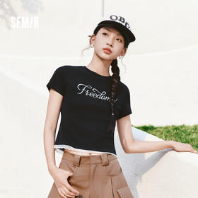 森马短袖T恤女夏季短款蕾丝假两件烫珠字母修身2026新款气质衣服