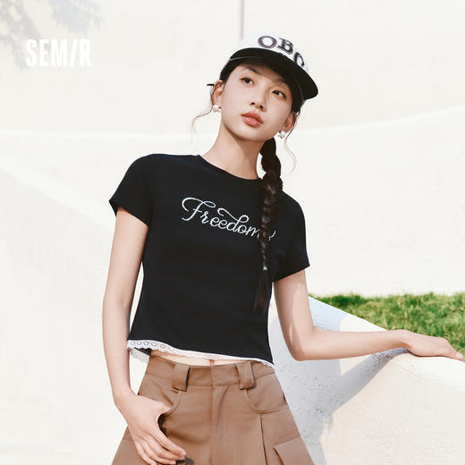 森马短袖T恤女夏季短款蕾丝假两件烫珠字母修身2026新款气质衣服 商品图0