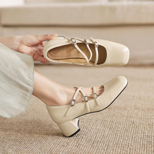 阿么手工女鞋2026新款高跟单鞋交叉带方头法式银色玛丽珍鞋子5CM 商品图1