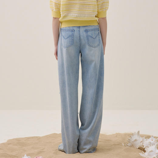 谜底阔腿牛仔裤长裤2026夏季新品天丝棉烫钻破洞浅蓝女262MJ0453 商品图2