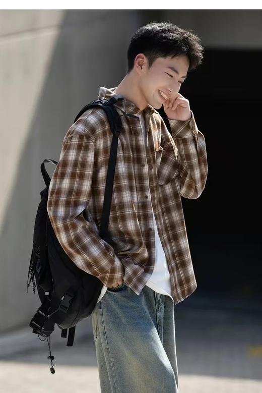 重磅法兰绒彩格口袋衬衫美式复古格子中性简约衬衫休闲廓形百搭男女外套 商品图1