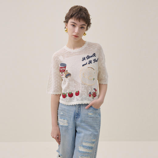 谜底套头针织衫短袖2026年夏季新品提花刺绣舒适毛衣女262MZ0790 商品图0